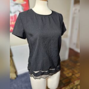Women's Black Short-Sleeve Top with Layered Sheer Hem
